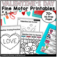 Valentine's Day fine motor printables with educational activities on a white background.