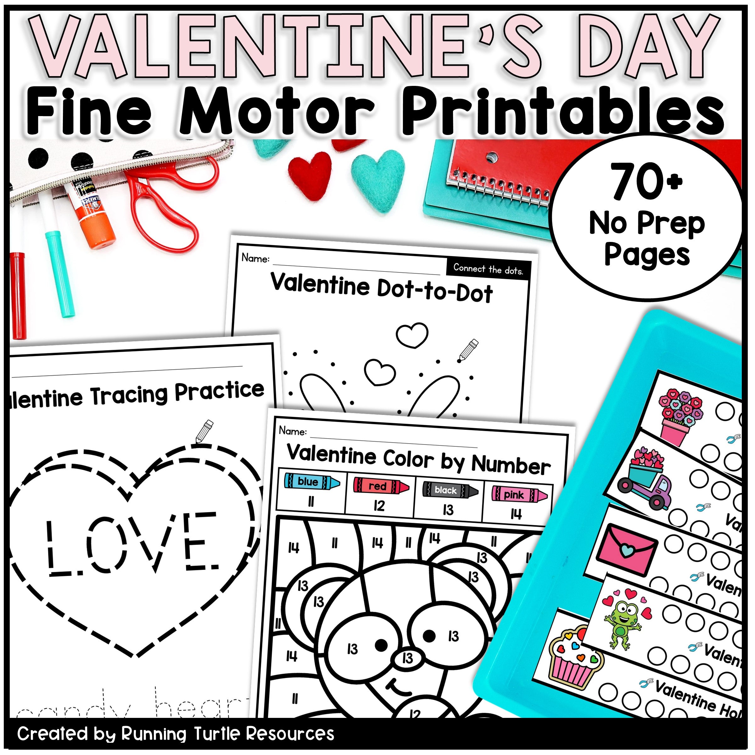 Valentine's Day fine motor printables with educational activities on a white background.