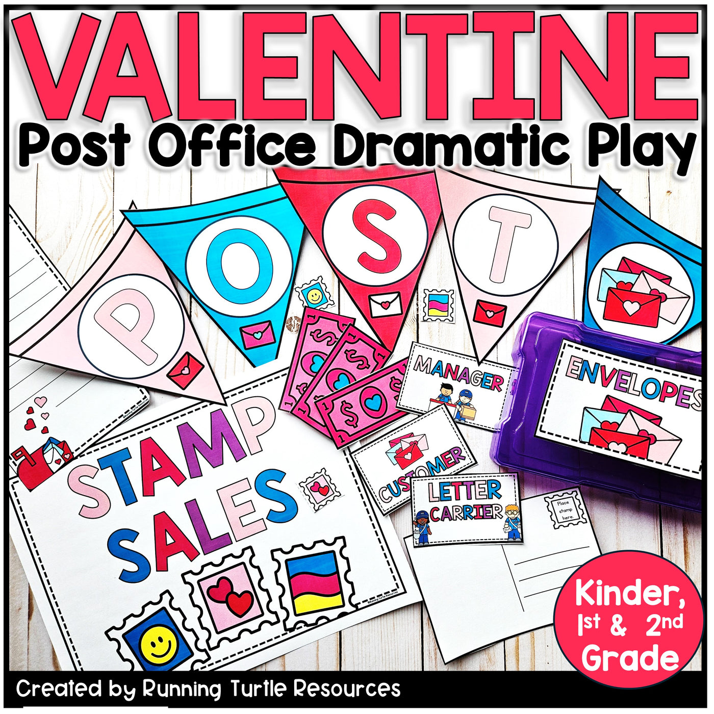 Valentine's Day themed educational materials for post office dramatic play on a wooden surface.