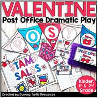 Valentine's Day themed educational materials for post office dramatic play on a wooden surface.