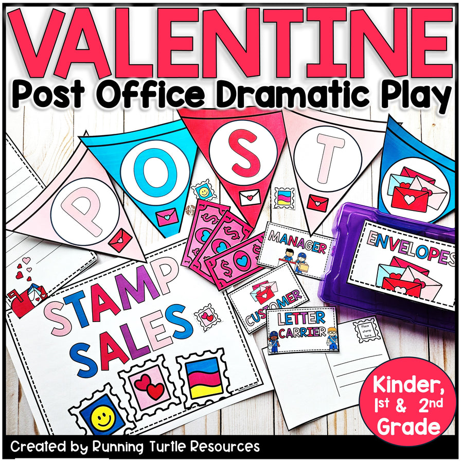 Valentine's Day themed educational materials for post office dramatic play on a wooden surface.