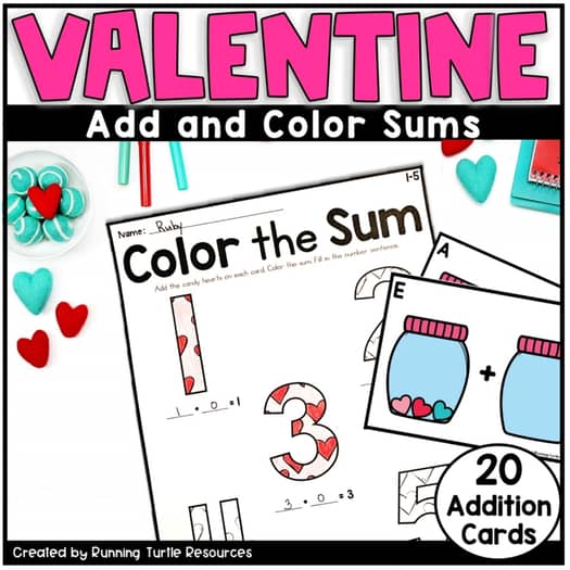 Promotional image for a Valentine's Day themed math activity booklet with 'Add and Color Sums' title, featuring a colorful design with hearts and candy graphics.