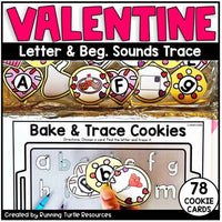 Promotional image for Valentine Letter Tracing and Beginning Sounds Trace Cookies product, featuring illustrations of letters and a child interacting with letter and sound cards.