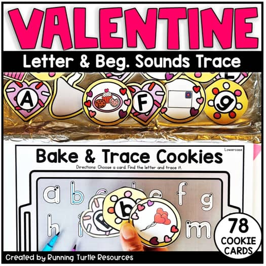 Promotional image for Valentine Letter Tracing and Beginning Sounds Trace Cookies product, featuring illustrations of letters and a child interacting with letter and sound cards.