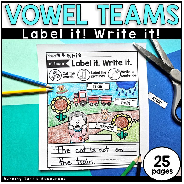 Educational worksheet for vowel teams with coloring, cutting, and writing activities on a colorful background.