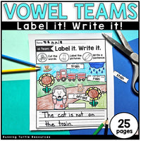 Educational worksheet for vowel teams with coloring, cutting, and writing activities on a colorful background.