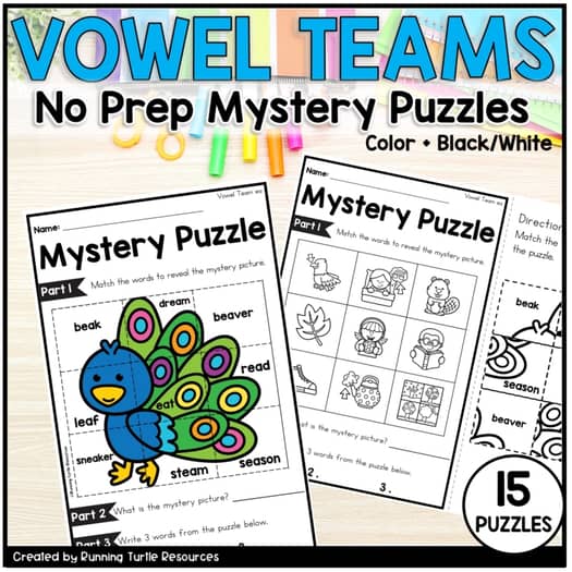 Image of vowel team puzzle cut and paste activity. 15 vowel teams puzzles included.
