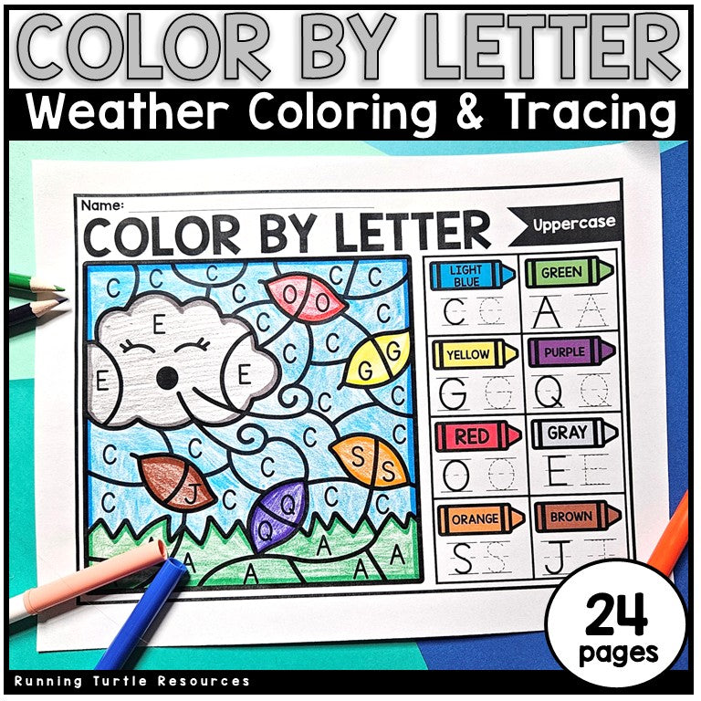 Image showing a weather cloud and windy leaves coded by letters with space to trace the letters.