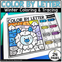 Color by letter worksheet with a winter theme, featuring a yeti and color codes.