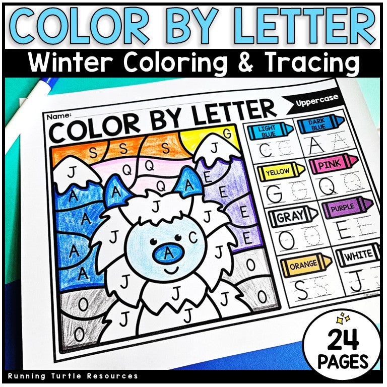 Color by letter worksheet with a winter theme, featuring a yeti and color codes.