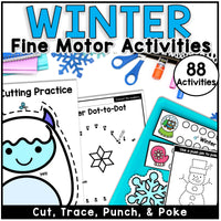 Winter fine motor activities book with worksheets and stationery items on a white background