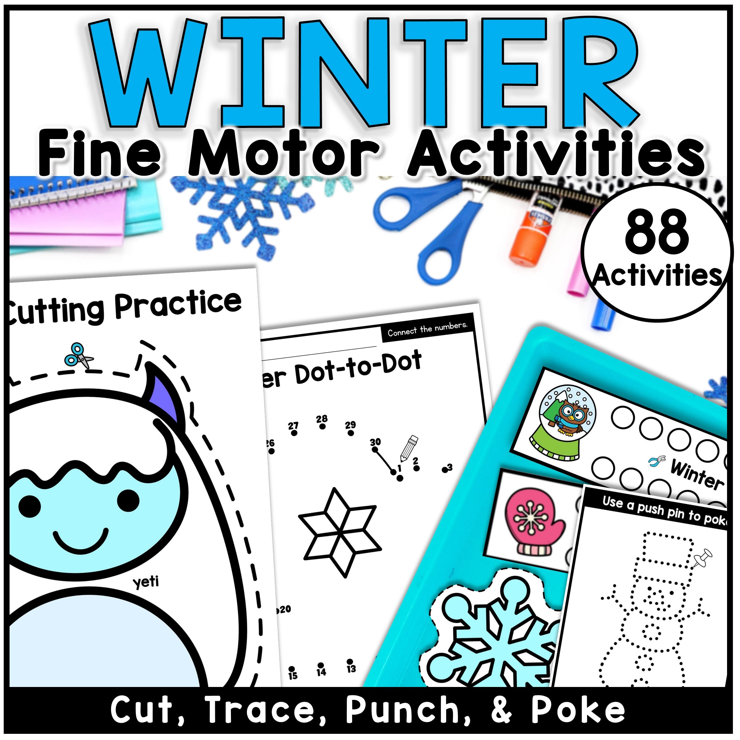 Winter fine motor activities book with worksheets and stationery items on a white background