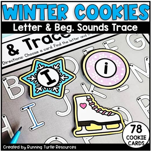 Promotional image for 'Winter Cookies' letter and beg sound trace activity set, featuring letter and sound cards designed like cookies, with a focus on letter 'I' and beg sound 'Ice'.