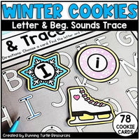 Promotional image for 'Winter Cookies' letter and beg sound trace activity set, featuring letter and sound cards designed like cookies, with a focus on letter 'I' and beg sound 'Ice'.