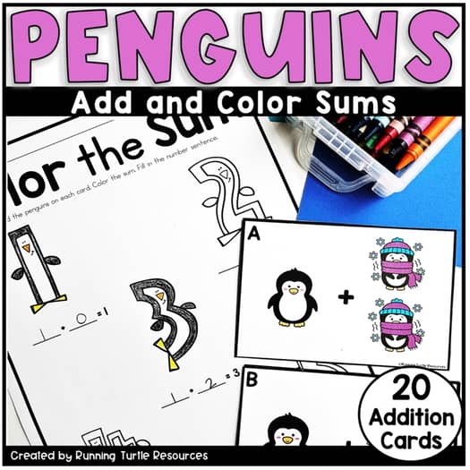 Promotional image for a Winter Penguins Add and Color Sums activity, featuring task cards with penguin illustrations and a coloring page.