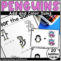 Promotional image for a Winter Penguins Add and Color Sums activity, featuring task cards with penguin illustrations and a coloring page.