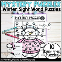 Photograph of a sight word puzzle with a snowman image and crayons.
