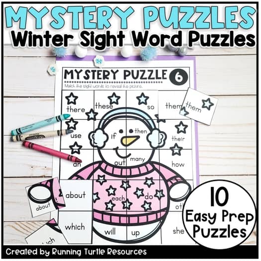 Photograph of a sight word puzzle with a snowman image and crayons.