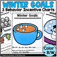 Three behavior incentive charts with winter-themed illustrations and text, including a mug of cocoa, a snow globe, and an ice fishing scene, alongside teacher tips for classroom management.