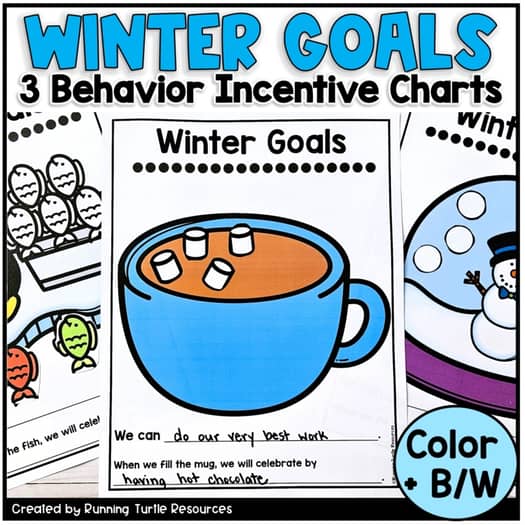 Three behavior incentive charts with winter-themed illustrations and text, including a mug of cocoa, a snow globe, and an ice fishing scene, alongside teacher tips for classroom management.