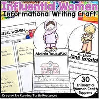 Promotional image for an informational writing craft resource, showcasing various templates and toppers with illustrations of women and a child.