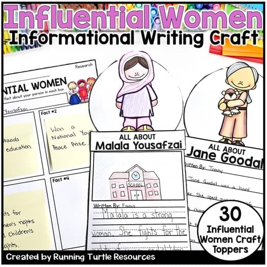 Promotional image for an informational writing craft resource, showcasing various templates and toppers with illustrations of women and a child.