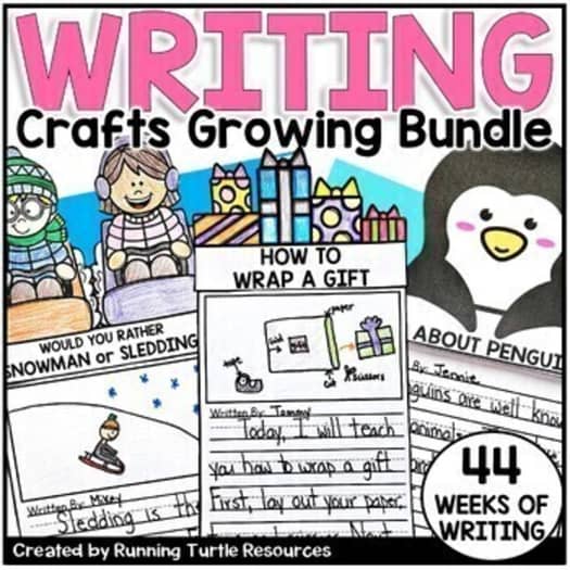 Promotional image for a writing crafts growing bundle, featuring illustrations of children and a penguin, with text that outlines the product's features and weeks of writing crafts.