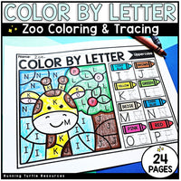 Color by letter worksheet with a giraffe and tree, featuring crayon icons and text about coloring and tracing.
