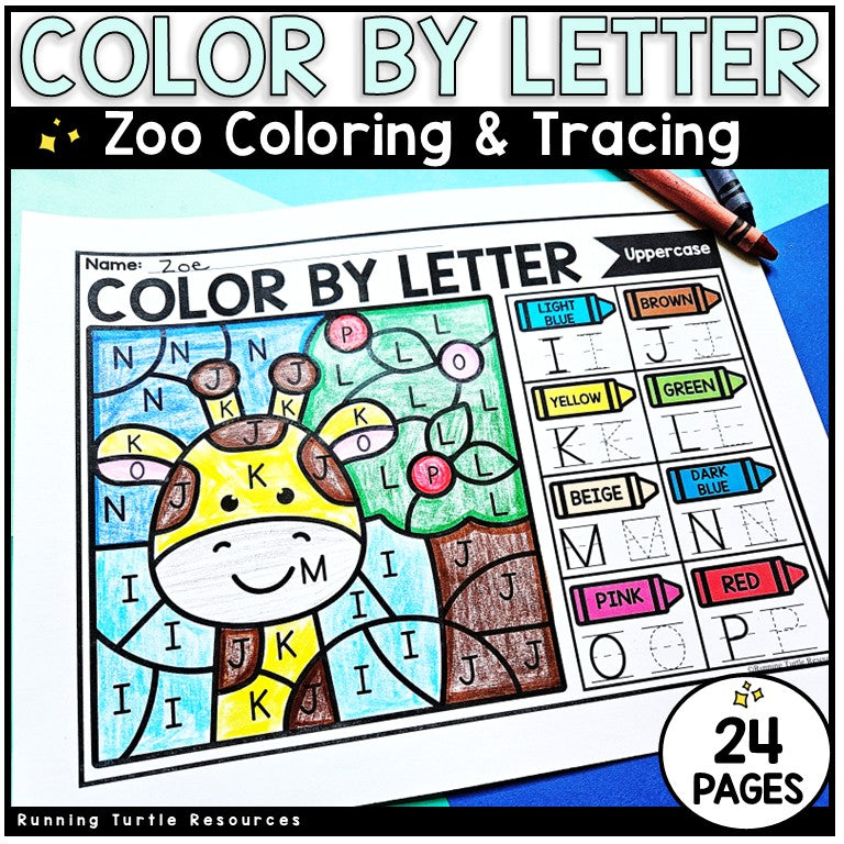 Color by letter worksheet with a giraffe and tree, featuring crayon icons and text about coloring and tracing.