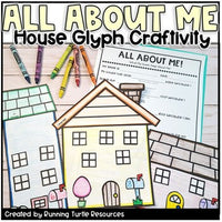 Promotional image for 'All About Me House Glyph Craftivity' featuring a house glyph craft template and examples of student work.