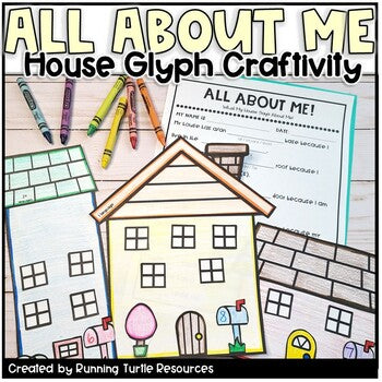 Promotional image for 'All About Me House Glyph Craftivity' featuring a house glyph craft template and examples of student work.