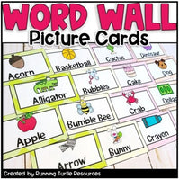 An array of colorful picture word wall cards displayed, each with a picture of an object or animal associated with letters of the alphabet, and a space for writing in letters.