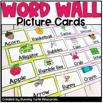 An array of colorful picture word wall cards displayed, each with a picture of an object or animal associated with letters of the alphabet, and a space for writing in letters.