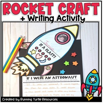 A rocket-shaped craft with wings and a flame, decorated with stars, hearts, and moons, and a space-themed writing activity with prompts.