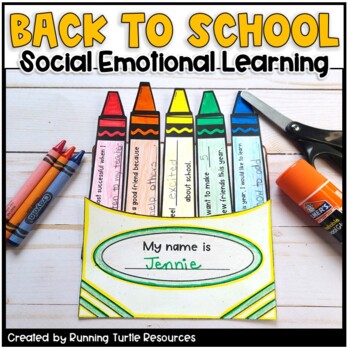 A craft activity called 'Back to School Social-Emotional Learning' with various crayon colors and templates for writing, along with a scissor and a clip, on a table.