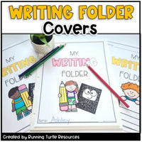 A collection of writing folder covers designed for school, featuring colorful illustrations of children with writing tools and a pencil. The covers are labeled with 'My Writing Folder' and have the text 'WRITING FOLDER' multiple times.