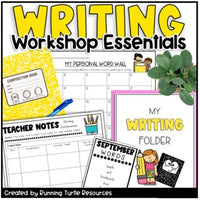 Photograph of a writing notebook, personal word wall, teacher notes, writing folder covers and word lists for elementary writing