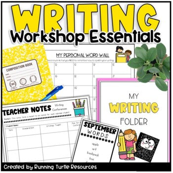 Photograph of a writing notebook, personal word wall, teacher notes, writing folder covers and word lists for elementary writing