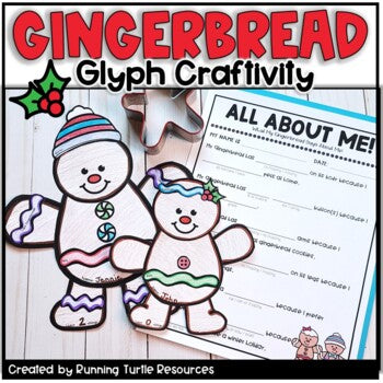Promotional image for a gingerbread man craft kit, featuring two illustrated gingerbread figures and a 'All About Me' questionnaire template.