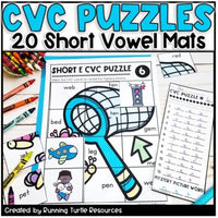 A collection of CVC mystery puzzle mats and envelopes, designed for phonics and word work in education, by Running Turtle Resources.