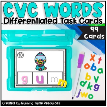 Promotional image of task card box with cvc word building card spelling the word "gum" with letter erasers.