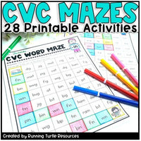 A collection of printable CVC words work sheets with mazes, featuring various colors and designed for educational use.