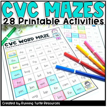 A collection of printable CVC words work sheets with mazes, featuring various colors and designed for educational use.