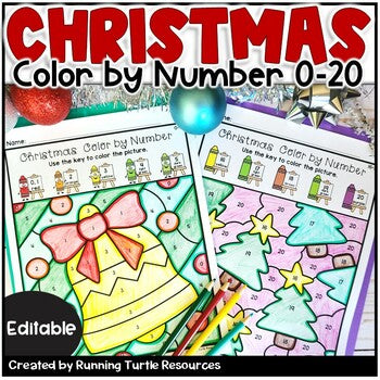 A set of editable Christmas-themed color by number templates, with various festive illustrations such as Christmas trees and gifts, designed for educational use.