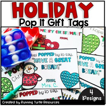 Image of a pop fidget keychain and a colorful gift tag that says, "Just popped by to say, 'Have a great break!'"