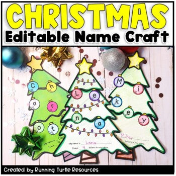 Promotional image showing 3 Christmas Tree Name Crafts with the names Lena and Mikey.