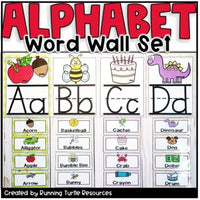 An alphabet word wall set featuring various letters, words, and illustrations, intended for educational purposes in teaching children about letters and sounds.