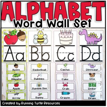 An alphabet word wall set featuring various letters, words, and illustrations, intended for educational purposes in teaching children about letters and sounds.