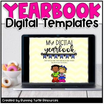 Promotional image for a digital yearbook template, featuring an illustration of two cartoon students on a laptop screen, with the text 'My Digital Yearbook' and 'Creator: Running Turtle Resources'.