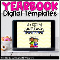Promotional image for a digital yearbook template, featuring an illustration of two cartoon students on a laptop screen, with the text 'My Digital Yearbook' and 'Creator: Running Turtle Resources'.